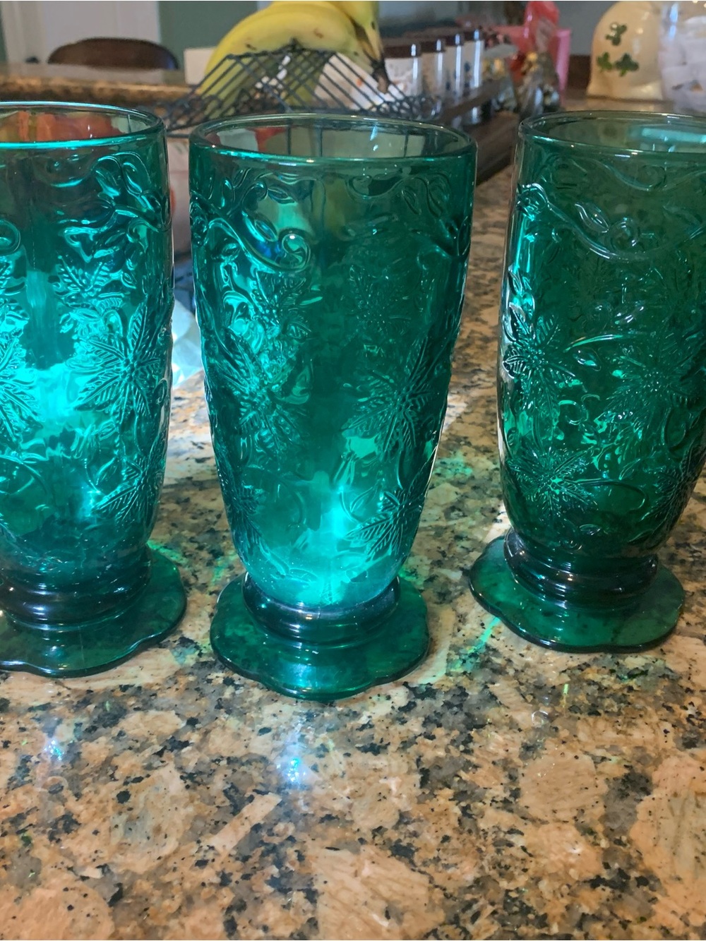 Set of Three Emerald Green Embossed Glass Tumblers